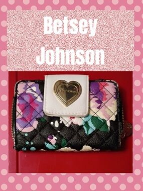 Betsey Johnson Black Floral Quilted Wallet with White Heart Snap and Gold Accent